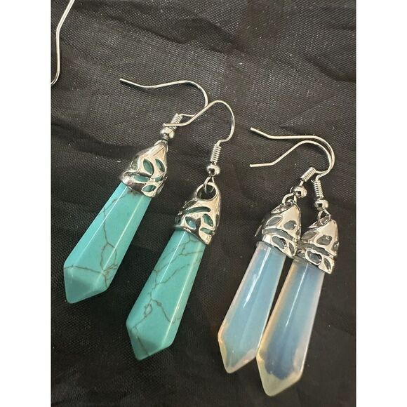 Lot Of 4 Natural Turquoise & Opalite Earrings Drop Silver Plated - Picture 3 of 3